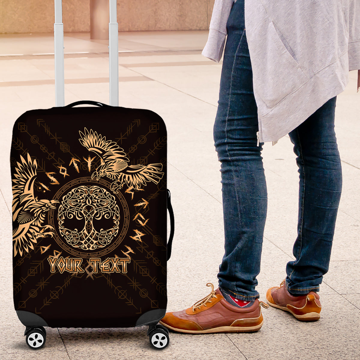 Personalized Odin's Celtic Raven Luggage Cover Gold Scandinavian Tattoo