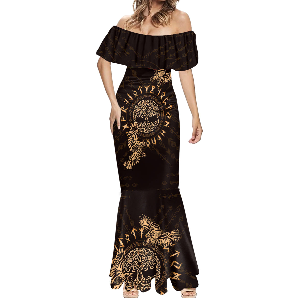 Personalized Odin's Celtic Raven Mermaid Dress Gold Scandinavian Tattoo - Wonder Print Shop