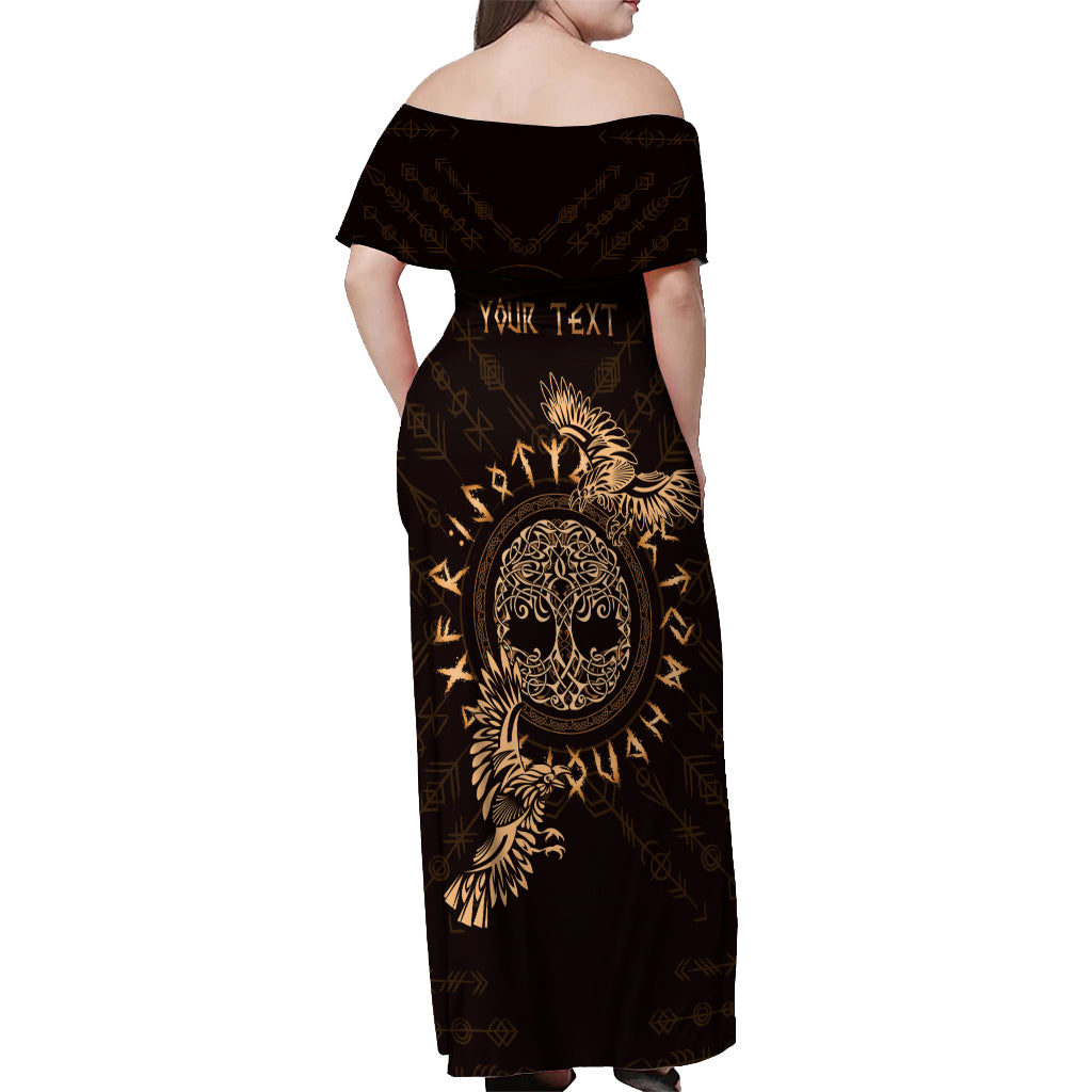 Personalized Odin's Celtic Raven Off Shoulder Maxi Dress Gold Scandinavian Tattoo - Wonder Print Shop