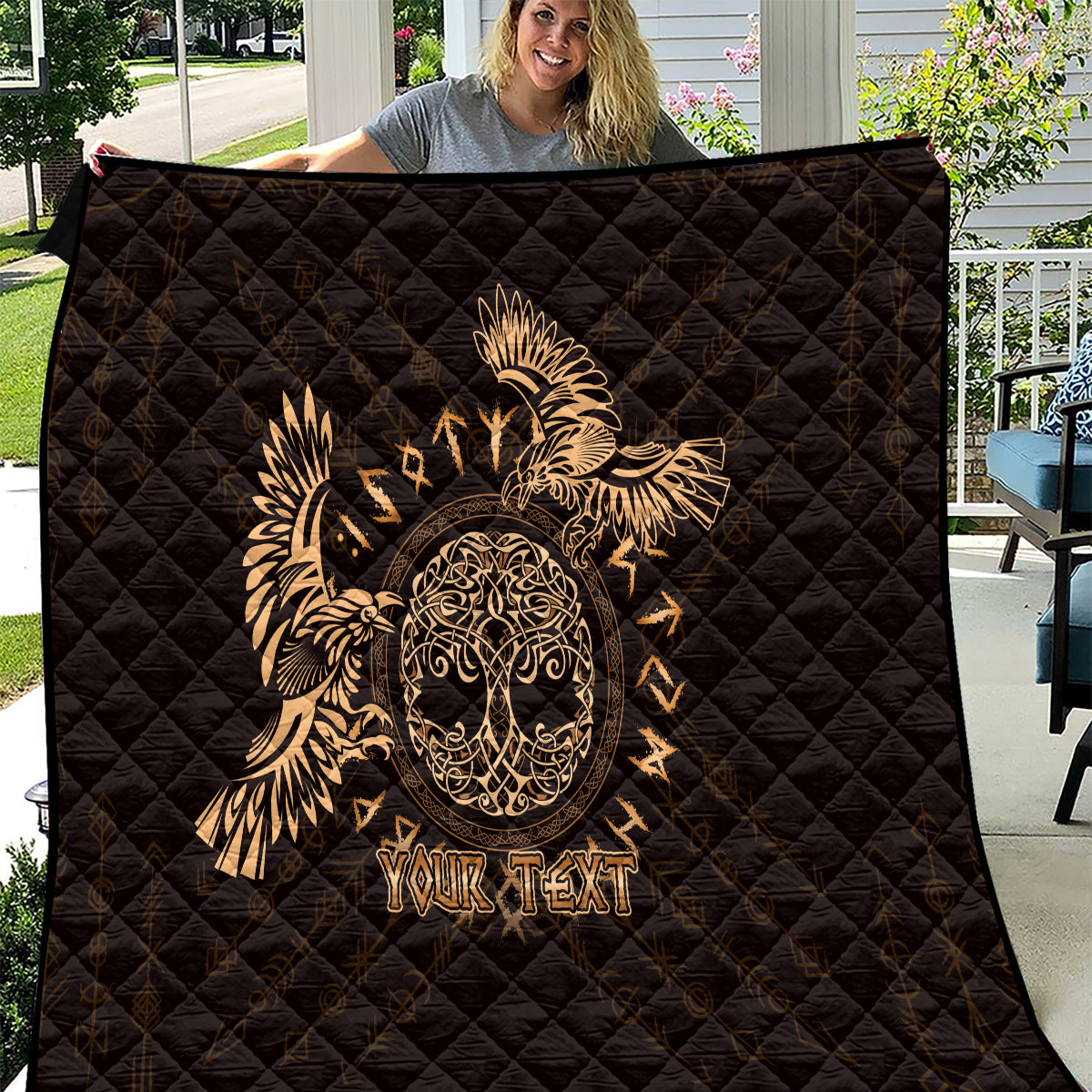 Personalized Odin's Celtic Raven Quilt Gold Scandinavian Tattoo - Wonder Print Shop