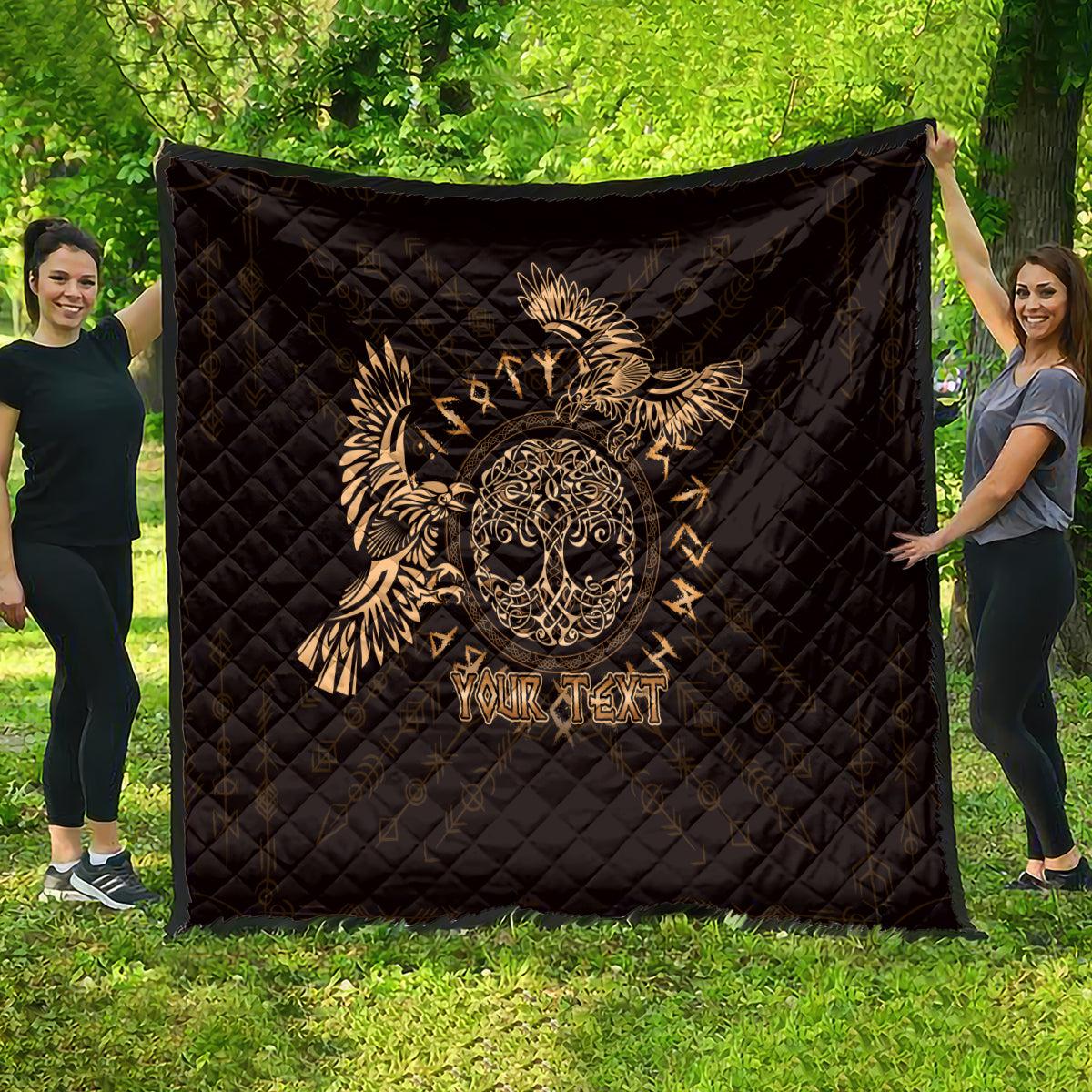 Personalized Odin's Celtic Raven Quilt Gold Scandinavian Tattoo - Wonder Print Shop