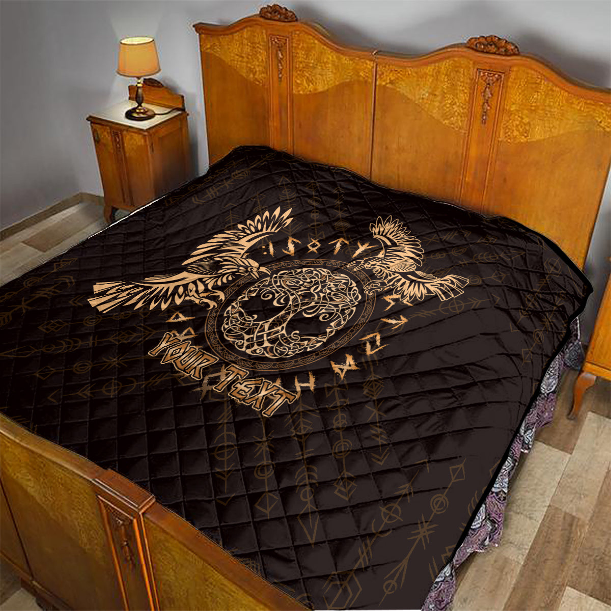 Personalized Odin's Celtic Raven Quilt Gold Scandinavian Tattoo - Wonder Print Shop