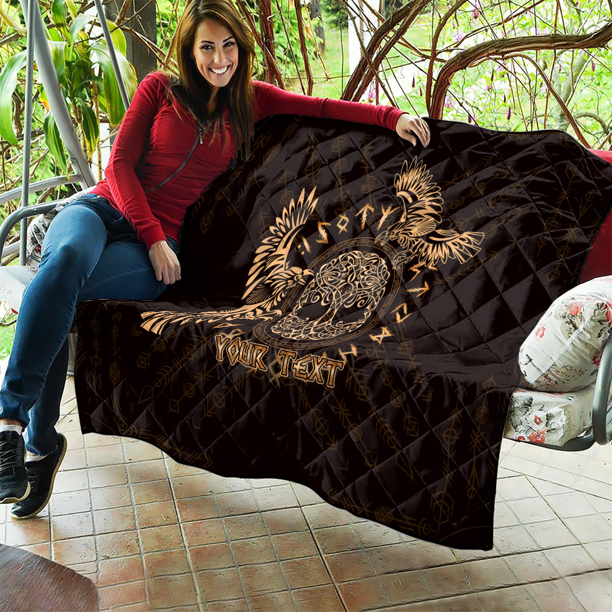 Personalized Odin's Celtic Raven Quilt Gold Scandinavian Tattoo - Wonder Print Shop