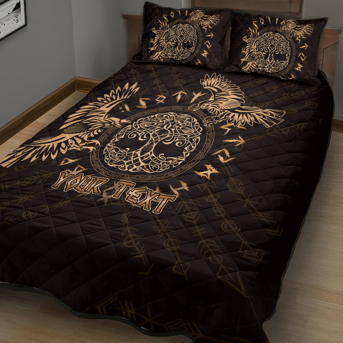 Personalized Odin's Celtic Raven Quilt Bed Set Gold Scandinavian Tattoo - Wonder Print Shop