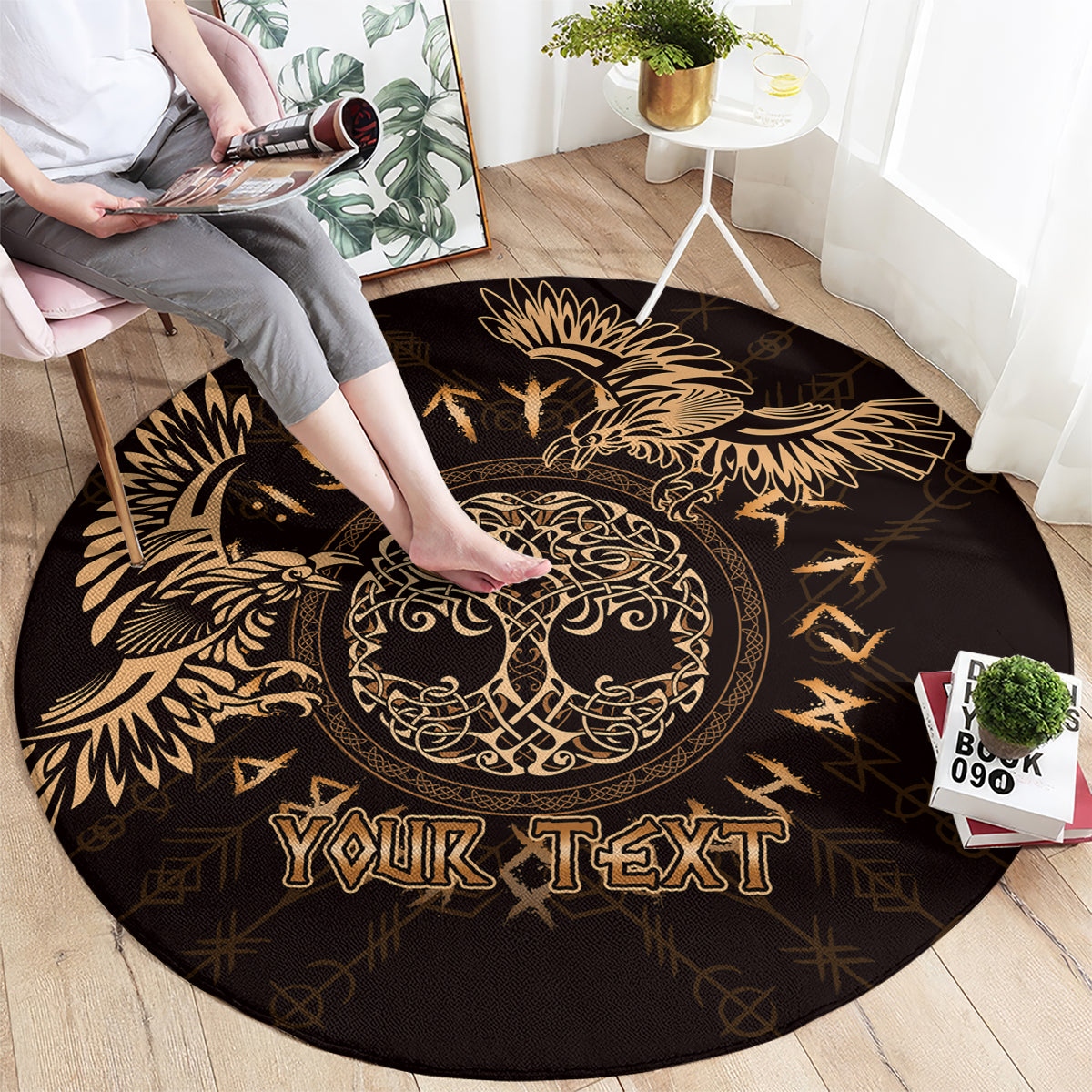 Personalized Odin's Celtic Raven Round Carpet Gold Scandinavian Tattoo