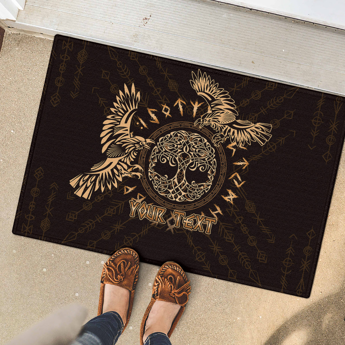Personalized Odin's Celtic Raven Rubber Doormat Gold Scandinavian Tattoo - Wonder Print Shop