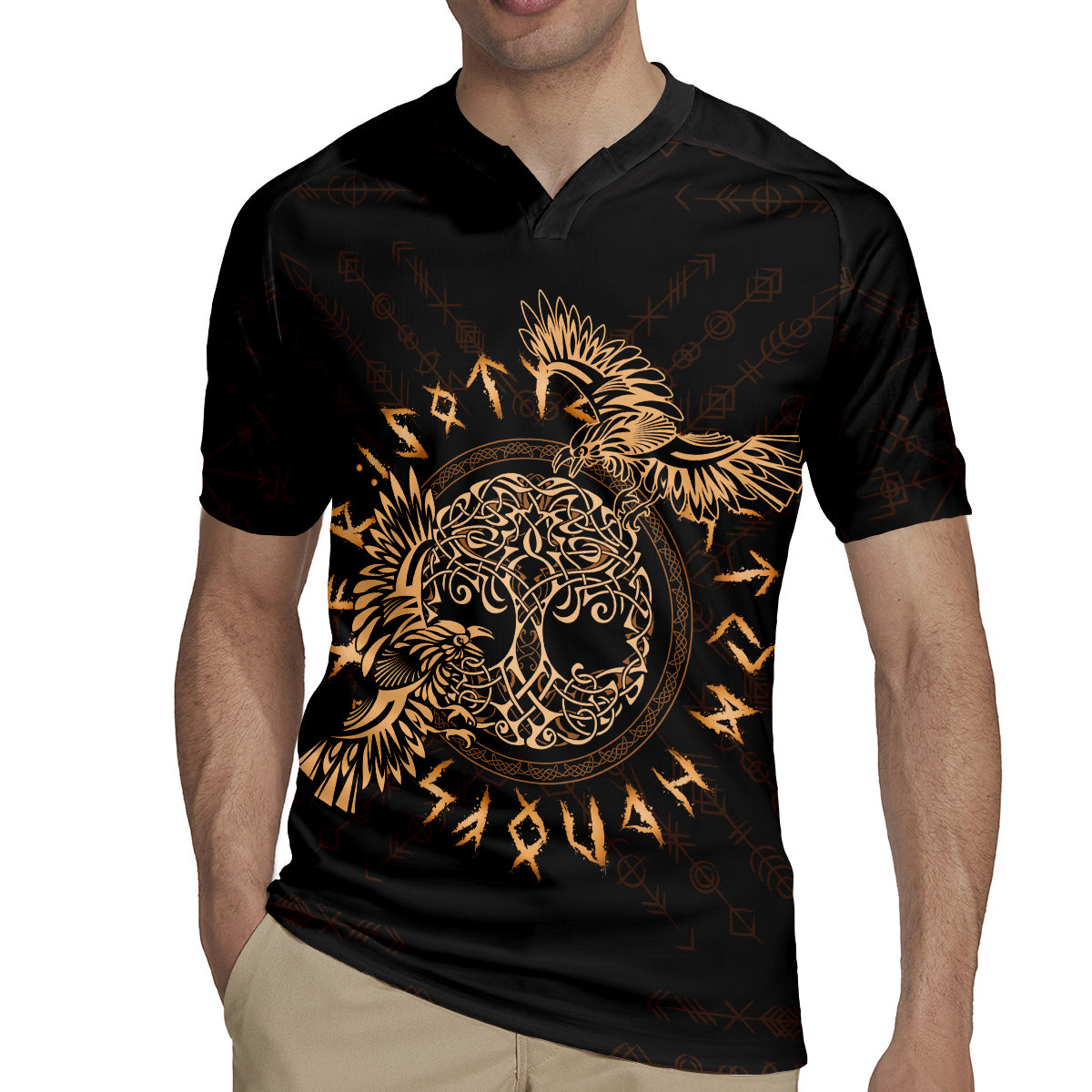 Personalized Odin's Celtic Raven Rugby Jersey Gold Scandinavian Tattoo - Wonder Print Shop