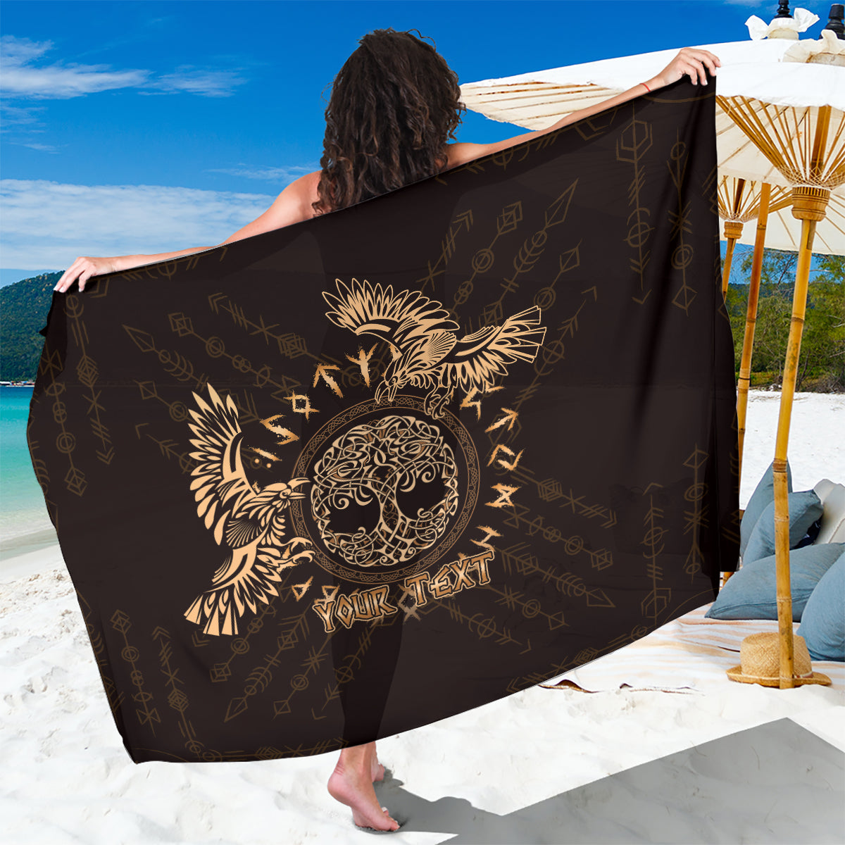 Personalized Odin's Celtic Raven Sarong Gold Scandinavian Tattoo - Wonder Print Shop