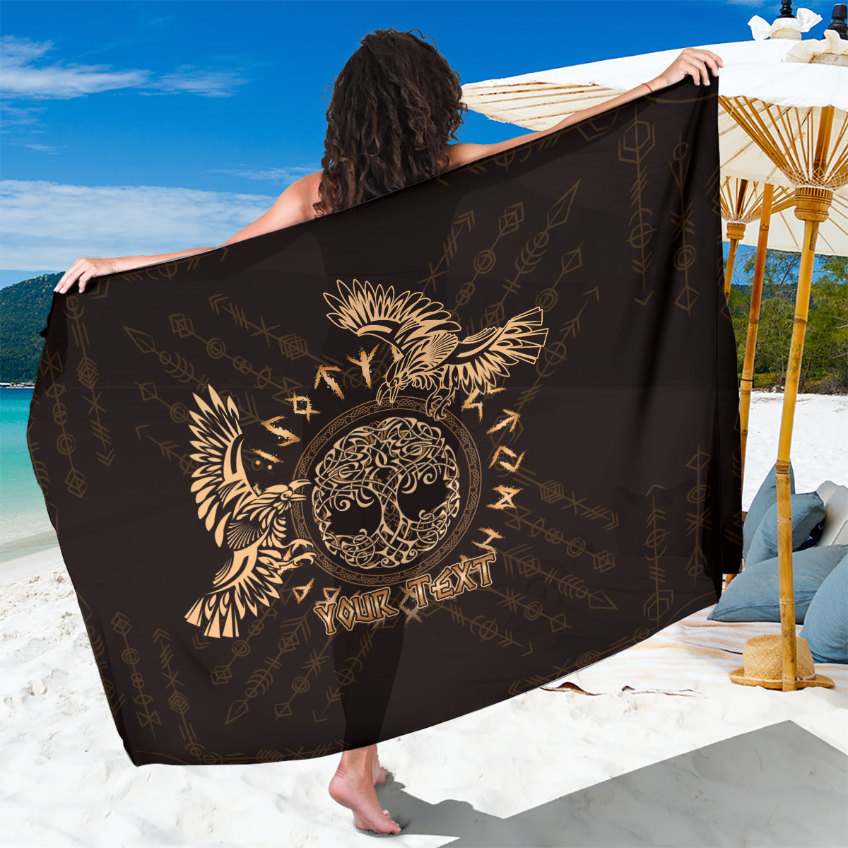Personalized Odin's Celtic Raven Sarong Gold Scandinavian Tattoo