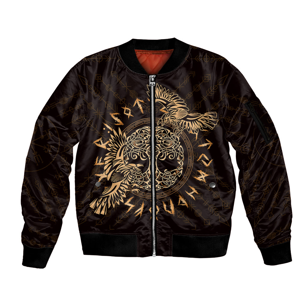 Personalized Odin's Celtic Raven Sleeve Zip Bomber Jacket Gold Scandinavian Tattoo - Wonder Print Shop