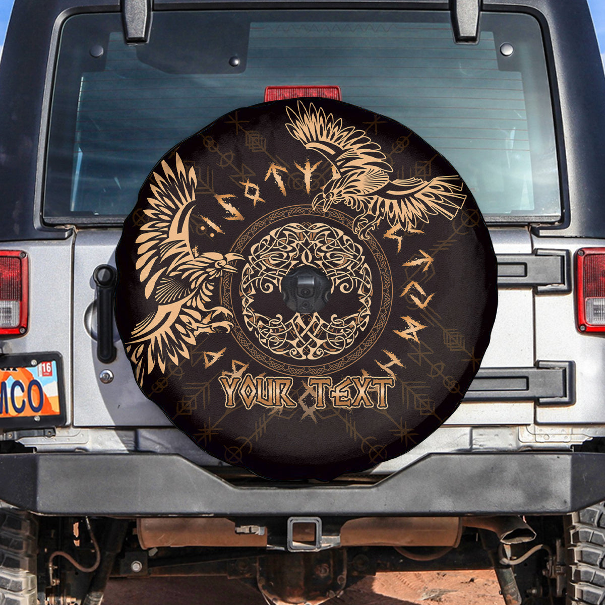 Personalized Odin's Celtic Raven Spare Tire Cover Gold Scandinavian Tattoo - Wonder Print Shop