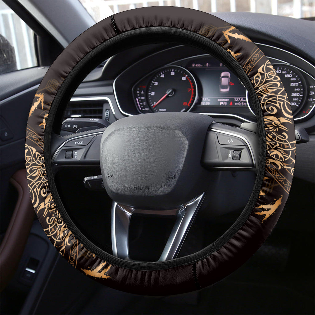 Odin's Celtic Raven Steering Wheel Cover Gold Scandinavian Tattoo - Wonder Print Shop