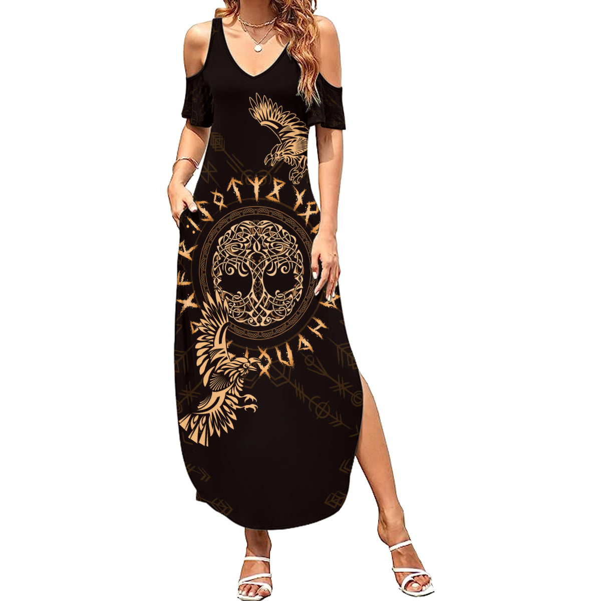 Personalized Odin's Celtic Raven Summer Maxi Dress Gold Scandinavian Tattoo - Wonder Print Shop