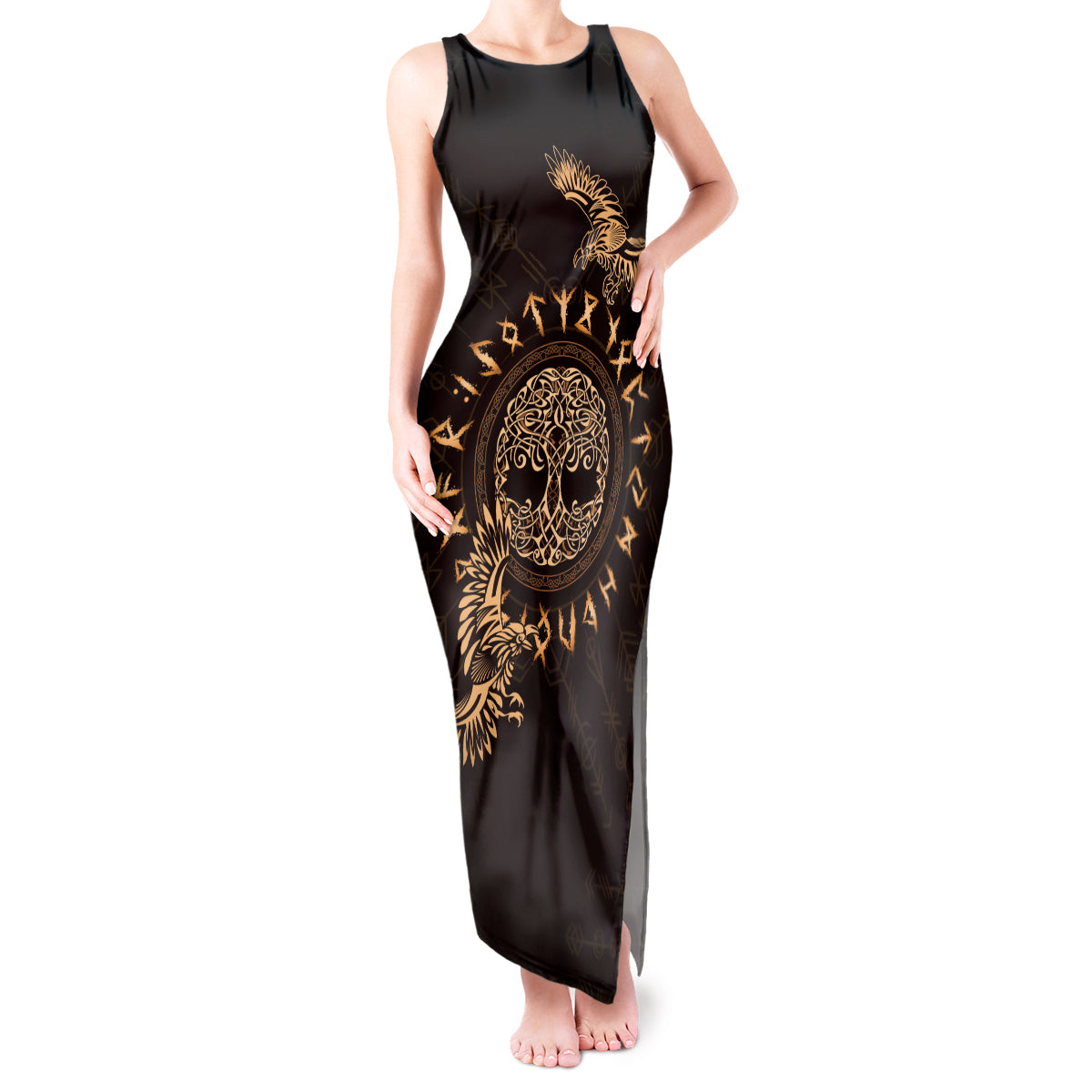 Personalized Odin's Celtic Raven Tank Maxi Dress Gold Scandinavian Tattoo - Wonder Print Shop