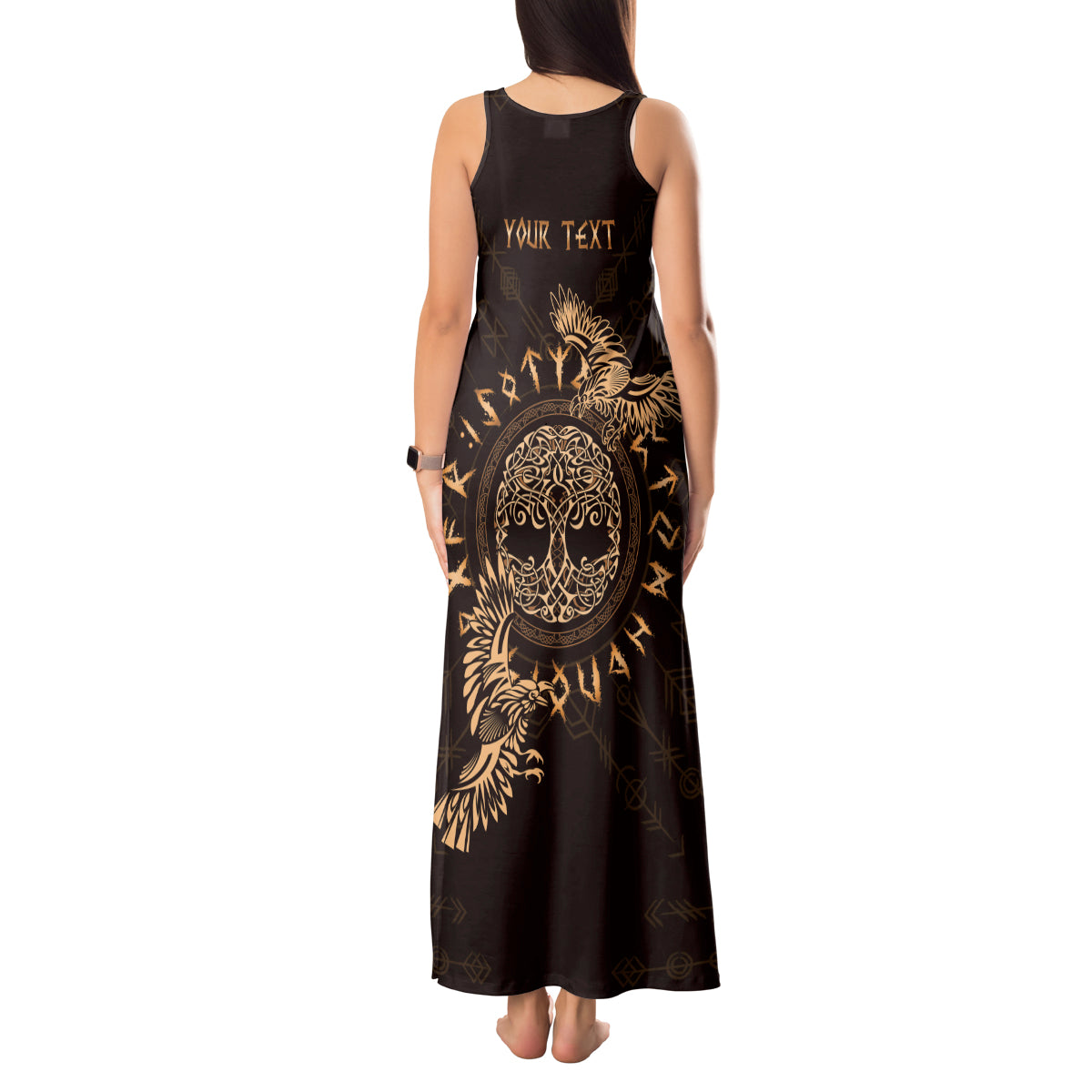 Personalized Odin's Celtic Raven Tank Maxi Dress Gold Scandinavian Tattoo - Wonder Print Shop