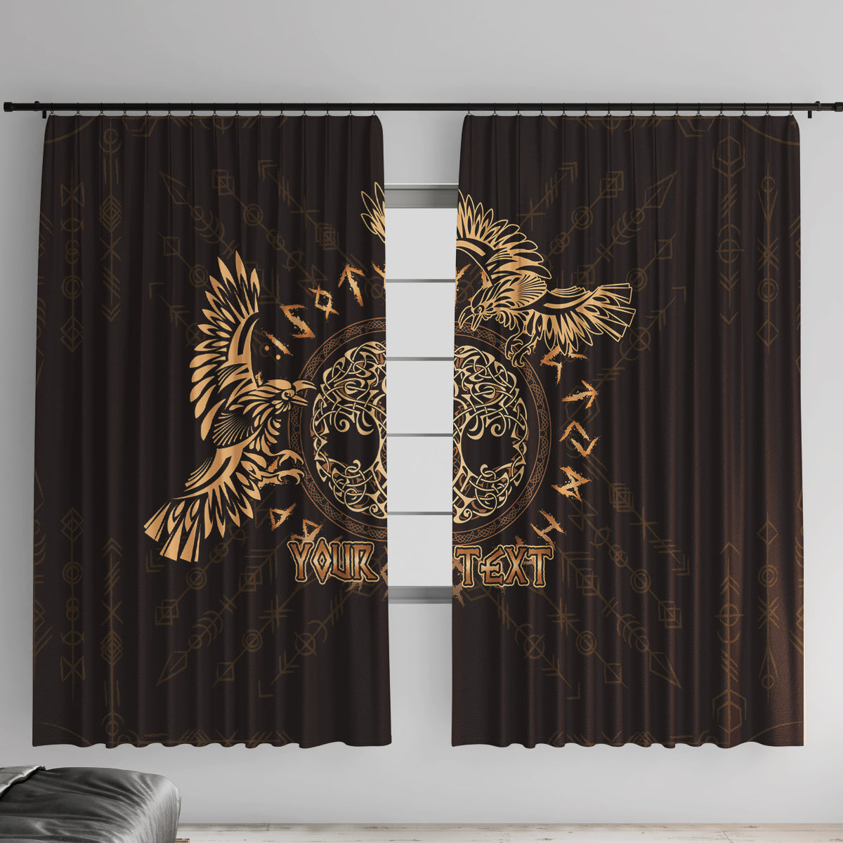 Personalized Odin's Celtic Raven Window Curtain Gold Scandinavian Tattoo - Wonder Print Shop