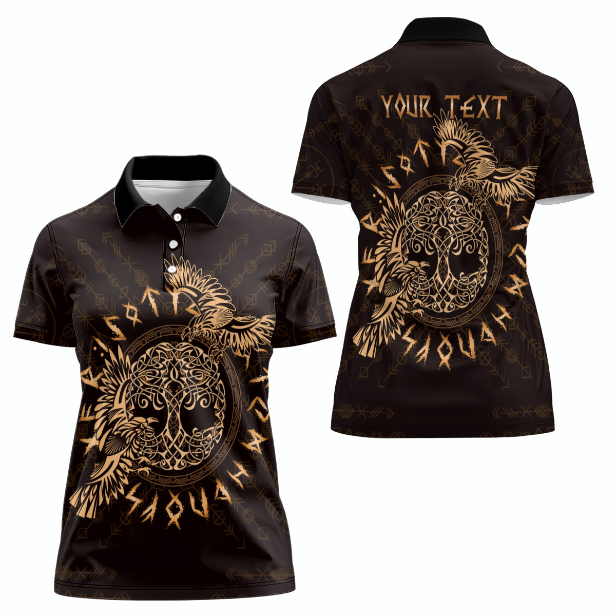 Personalized Odin's Celtic Raven Women Polo Shirt Gold Scandinavian Tattoo - Wonder Print Shop