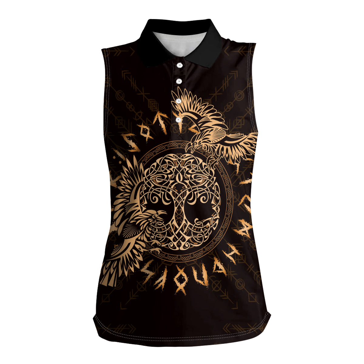 Personalized Odin's Celtic Raven Women Sleeveless Polo Shirt Gold Scandinavian Tattoo - Wonder Print Shop
