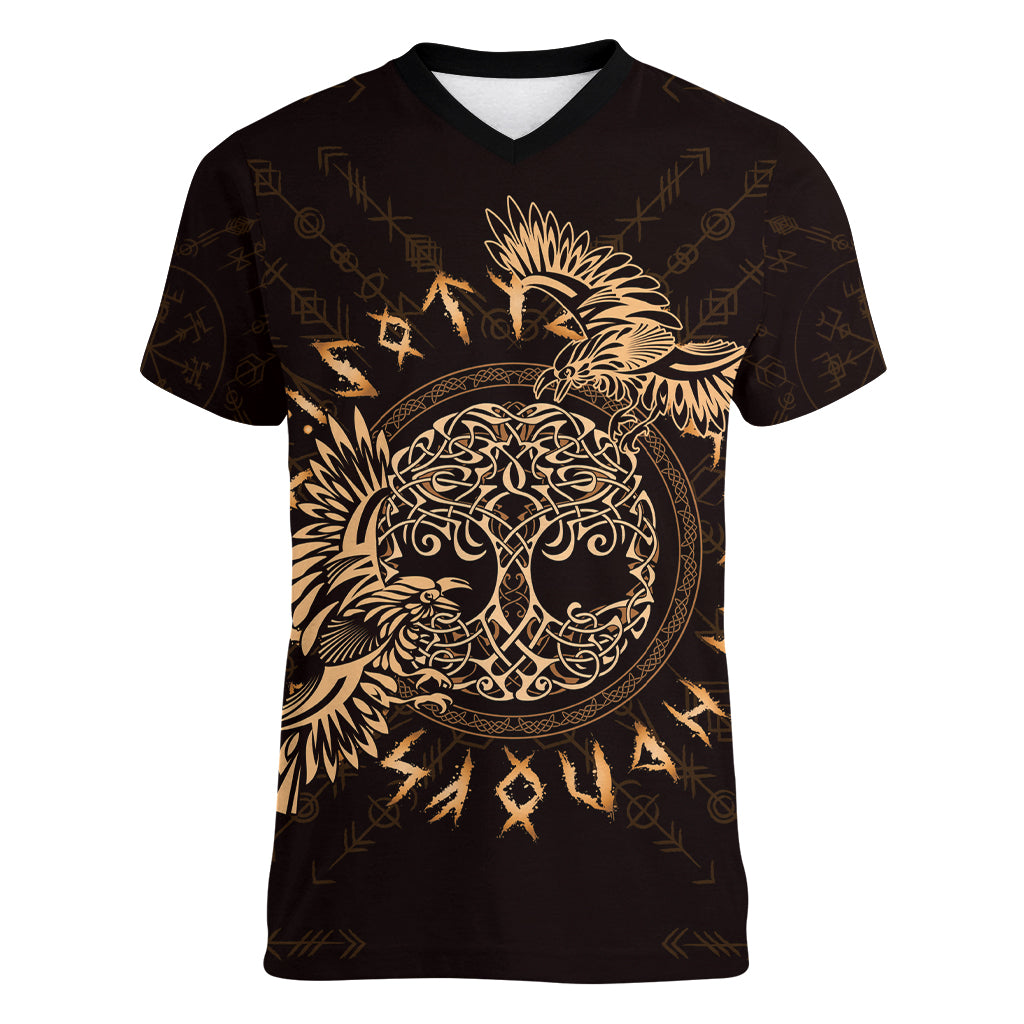 Personalized Odin's Celtic Raven Women V-Neck T-Shirt Gold Scandinavian Tattoo - Wonder Print Shop