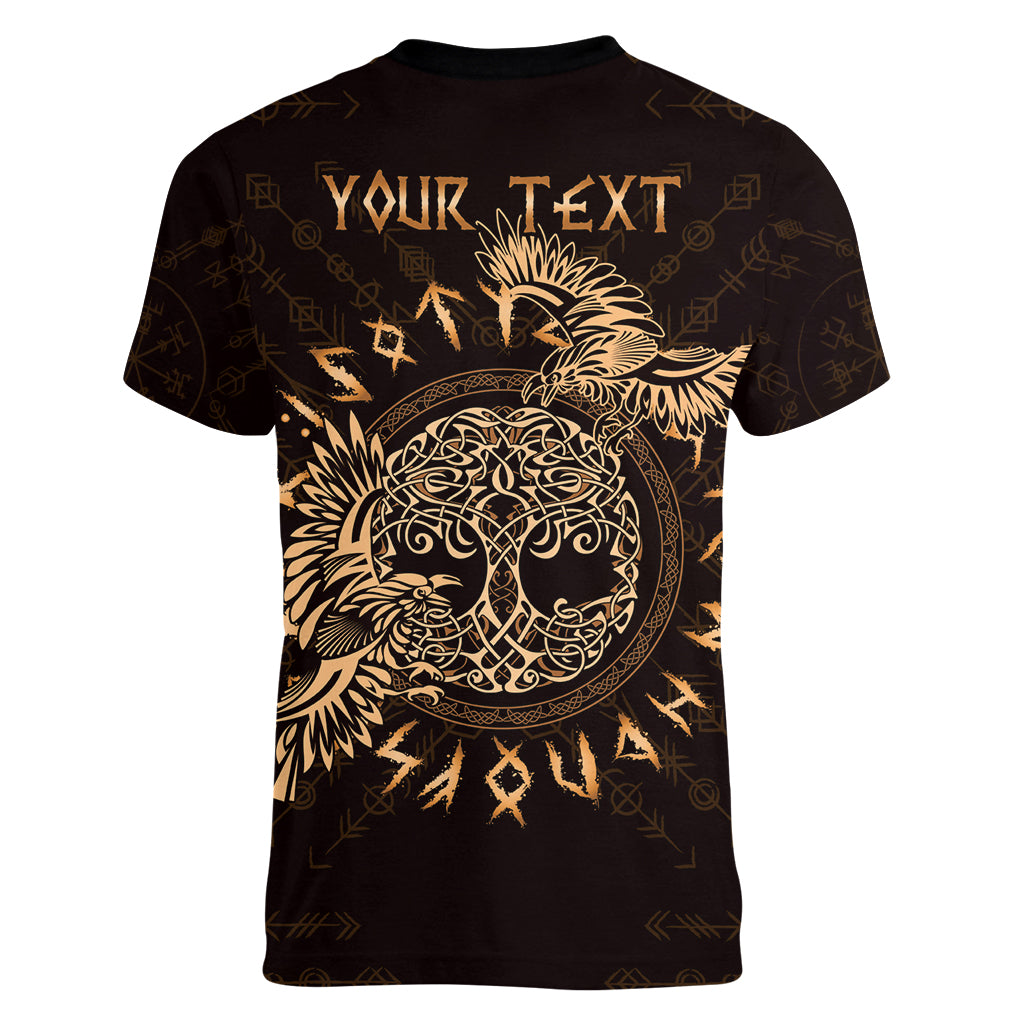 Personalized Odin's Celtic Raven Women V-Neck T-Shirt Gold Scandinavian Tattoo - Wonder Print Shop