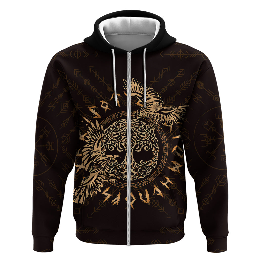 Personalized Odin's Celtic Raven Zip Hoodie Gold Scandinavian Tattoo - Wonder Print Shop