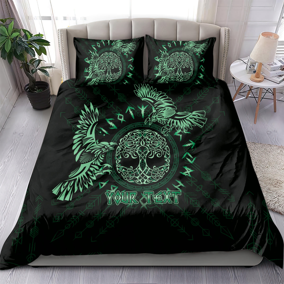 Personalized Odin's Celtic Raven Bedding Set Green Scandinavian Tattoo LT9 - Wonder Print Shop