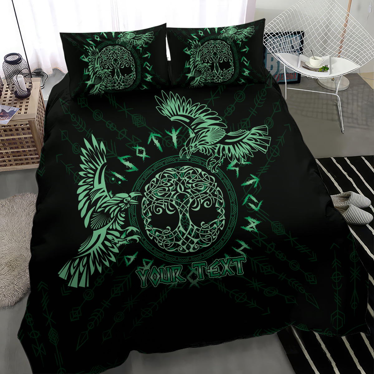 Personalized Odin's Celtic Raven Bedding Set Green Scandinavian Tattoo LT9 - Wonder Print Shop