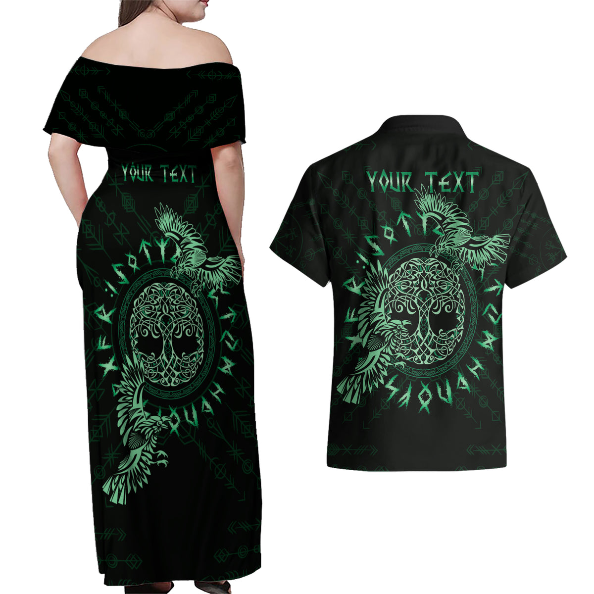 Personalized Odin's Celtic Raven Couples Matching Off Shoulder Maxi Dress and Hawaiian Shirt Green Scandinavian Tattoo LT9 - Wonder Print Shop