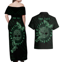 Personalized Odin's Celtic Raven Couples Matching Off Shoulder Maxi Dress and Hawaiian Shirt Green Scandinavian Tattoo LT9 - Wonder Print Shop