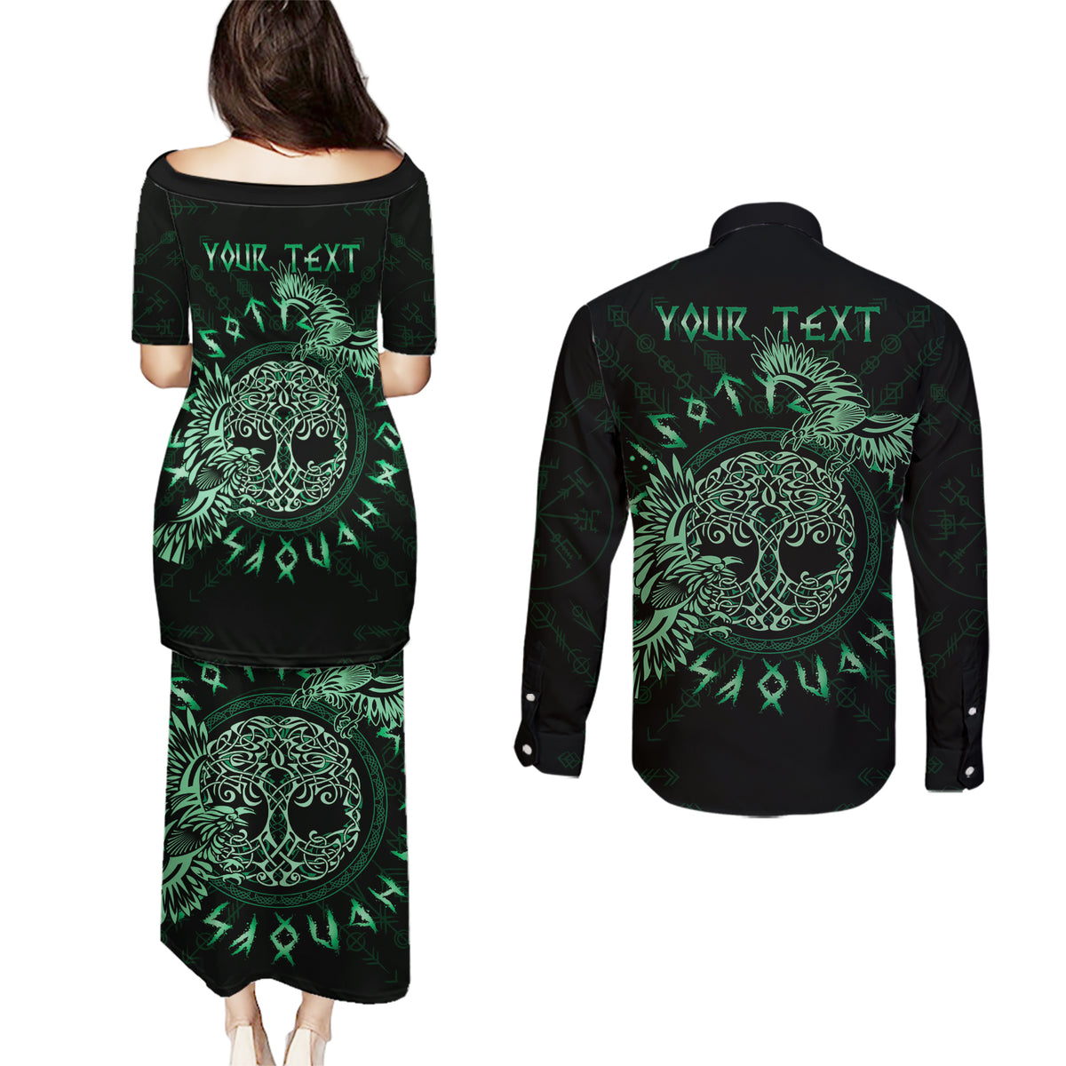 Personalized Odin's Celtic Raven Couples Matching Puletasi and Long Sleeve Button Shirt Green Scandinavian Tattoo LT9 - Wonder Print Shop