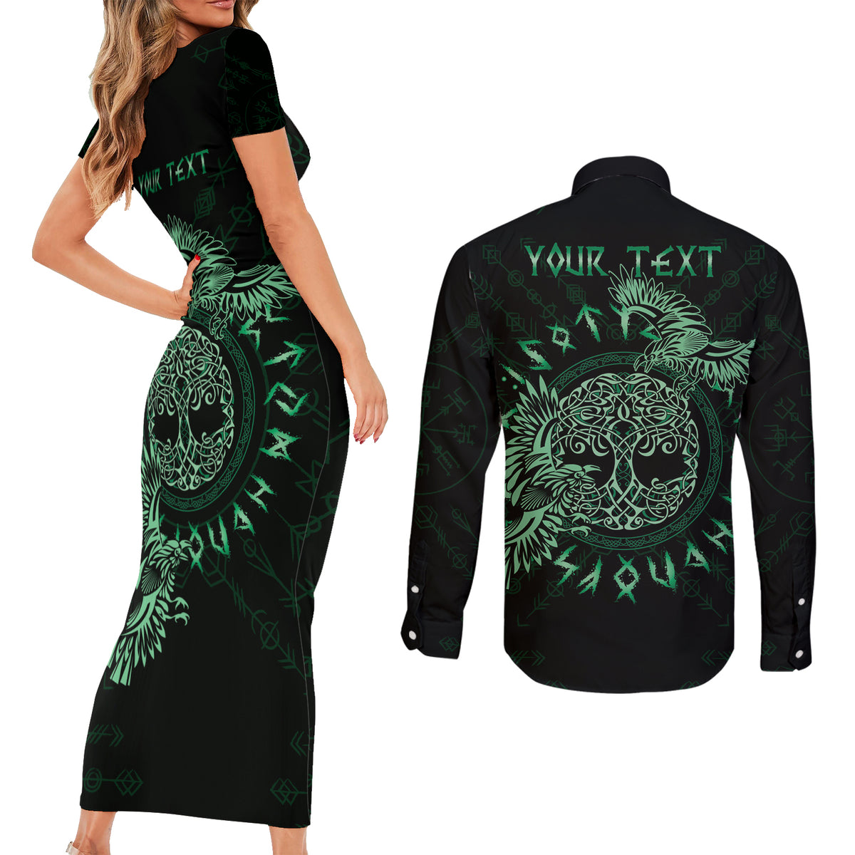 Personalized Odin's Celtic Raven Couples Matching Short Sleeve Bodycon Dress and Long Sleeve Button Shirt Green Scandinavian Tattoo LT9 - Wonder Print Shop