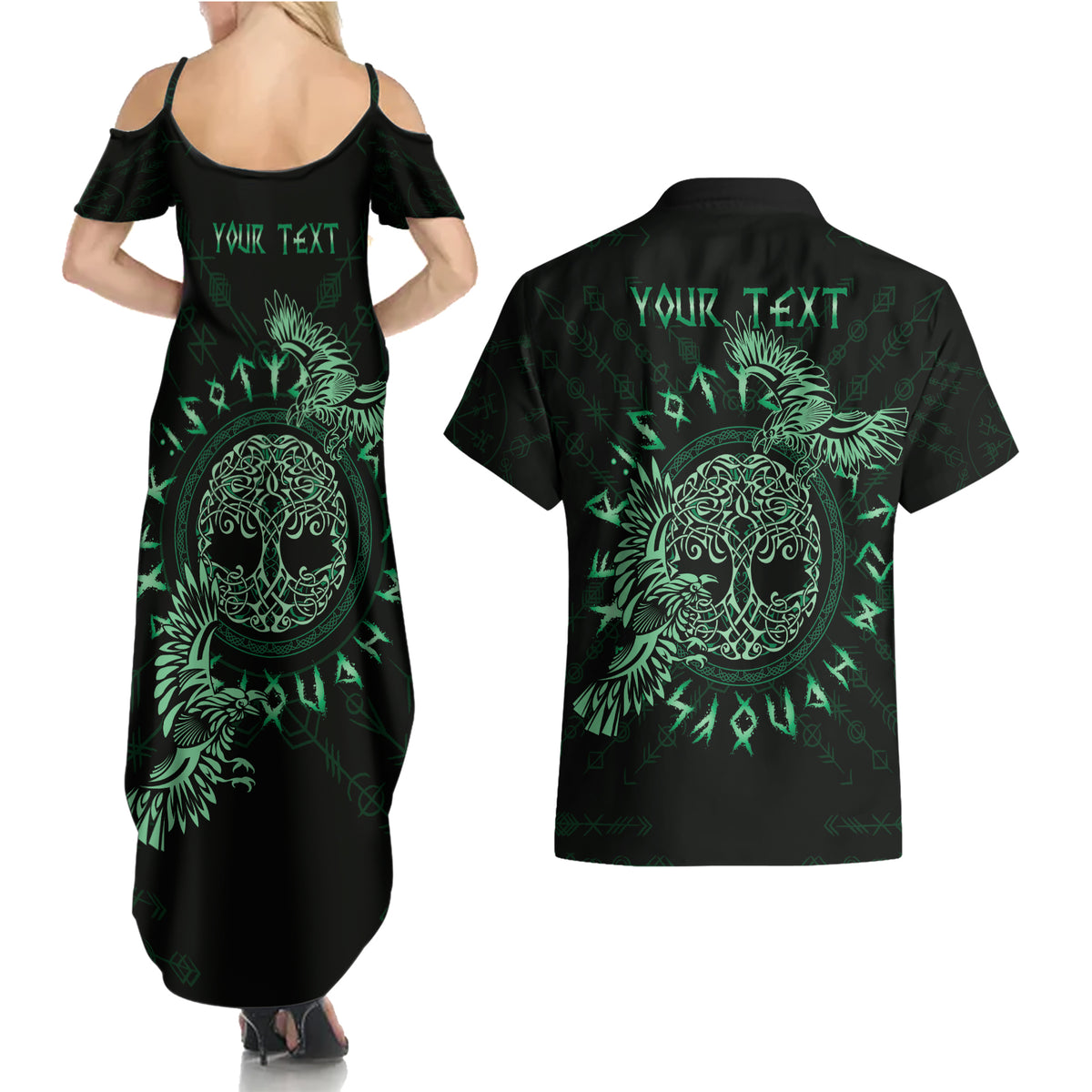 Personalized Odin's Celtic Raven Couples Matching Summer Maxi Dress and Hawaiian Shirt Green Scandinavian Tattoo LT9 - Wonder Print Shop