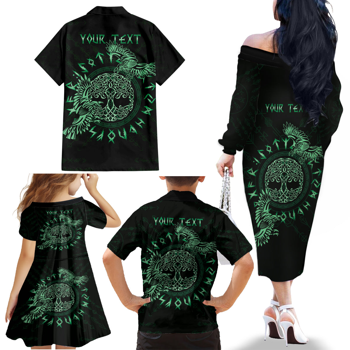 Personalized Odin's Celtic Raven Family Matching Off The Shoulder Long Sleeve Dress and Hawaiian Shirt Green Scandinavian Tattoo - Wonder Print Shop