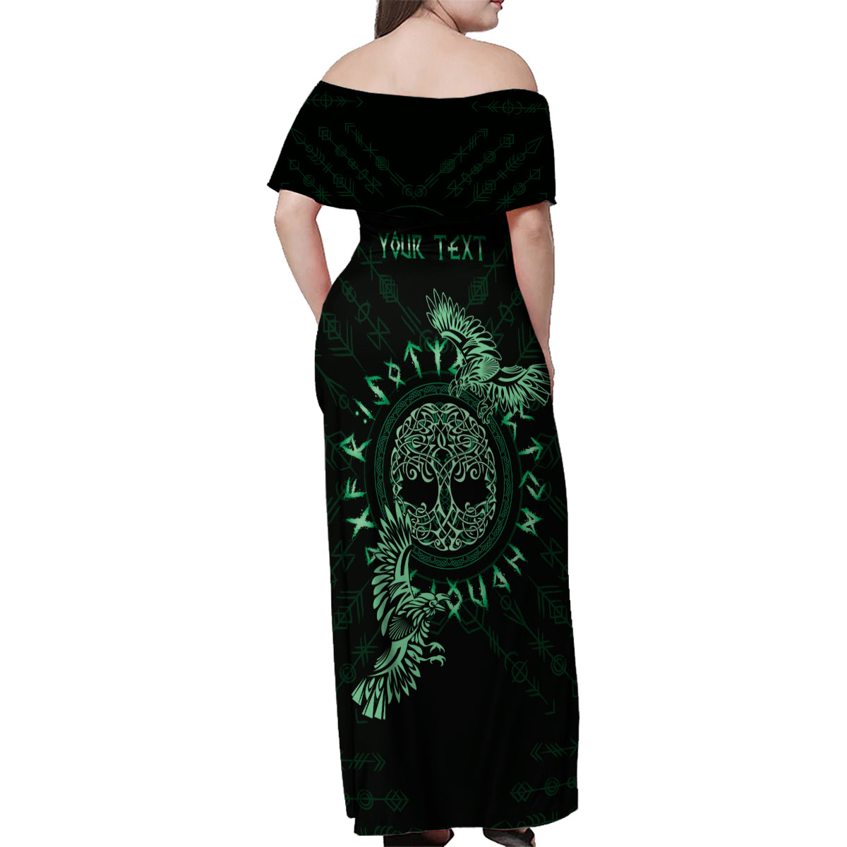 Personalized Odin's Celtic Raven Family Matching Off Shoulder Maxi Dress and Hawaiian Shirt Green Scandinavian Tattoo LT9 - Wonder Print Shop