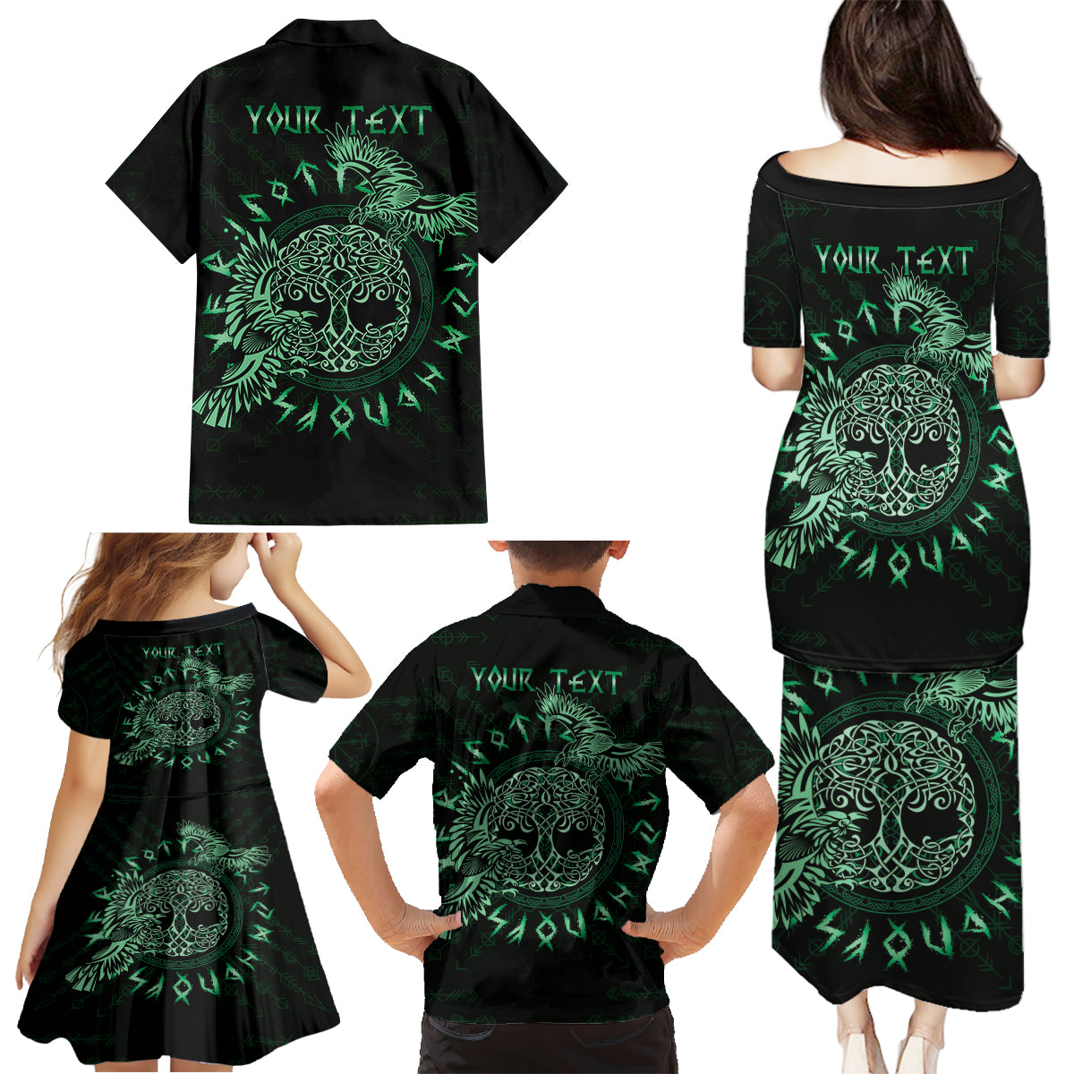 Personalized Odin's Celtic Raven Family Matching Puletasi and Hawaiian Shirt Green Scandinavian Tattoo - Wonder Print Shop