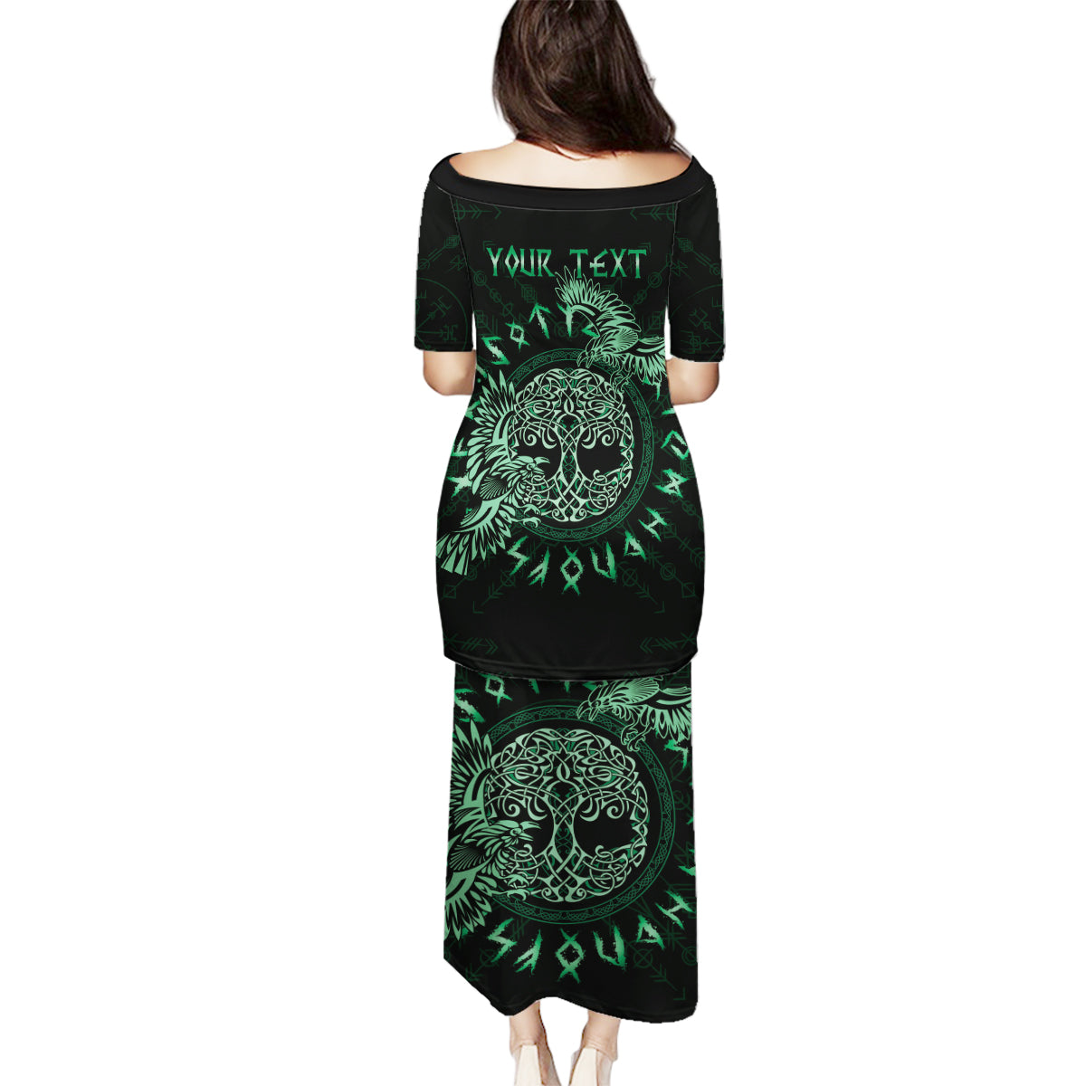 Personalized Odin's Celtic Raven Family Matching Puletasi and Hawaiian Shirt Green Scandinavian Tattoo - Wonder Print Shop