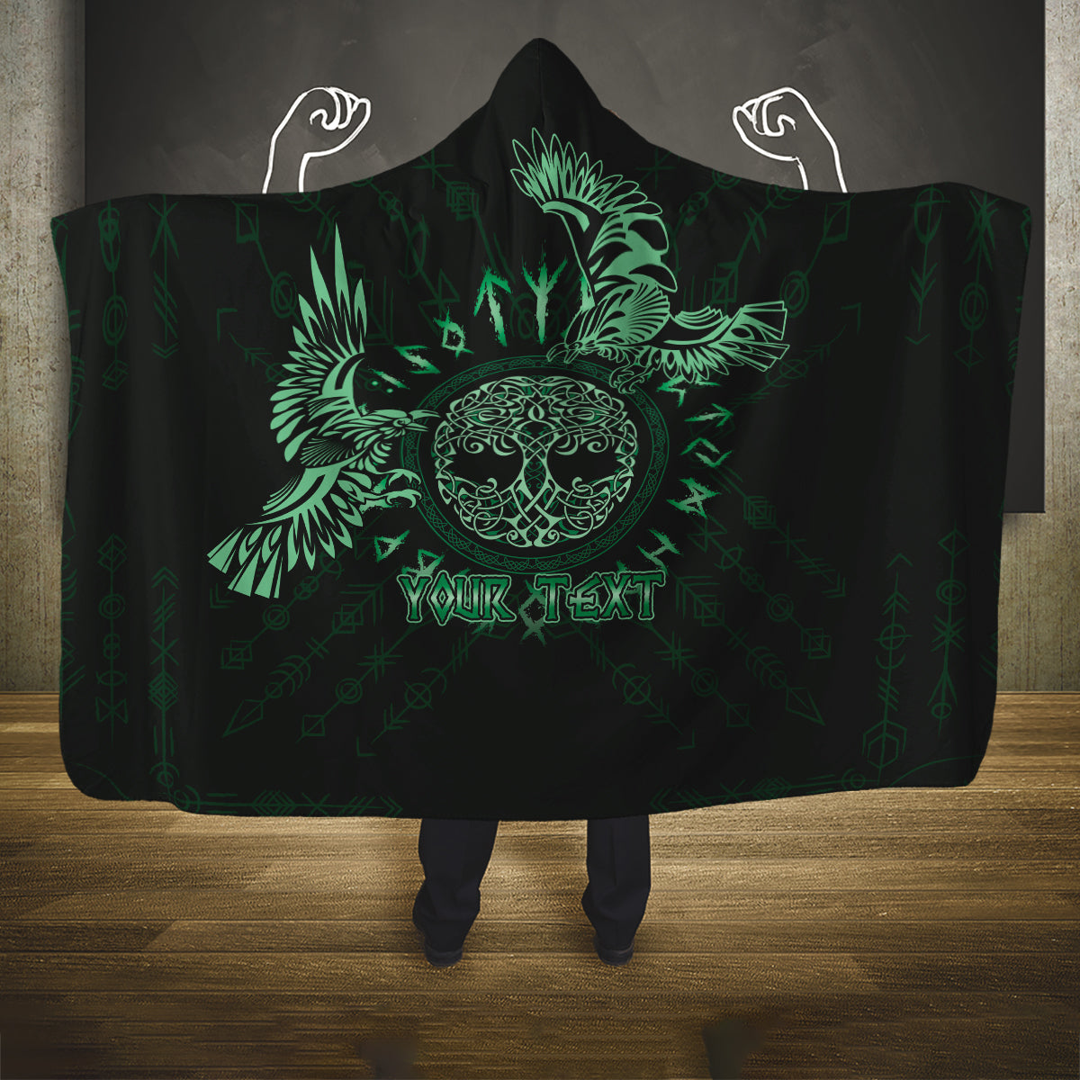 Personalized Odin's Celtic Raven Hooded Blanket Green Scandinavian Tattoo