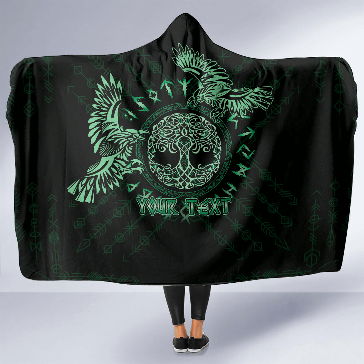 Personalized Odin's Celtic Raven Hooded Blanket Green Scandinavian Tattoo