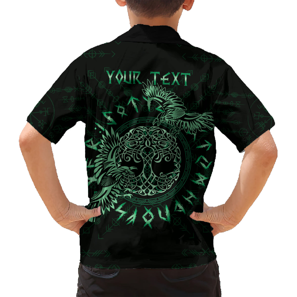 Personalized Odin's Celtic Raven Kid Hawaiian Shirt Green Scandinavian Tattoo - Wonder Print Shop