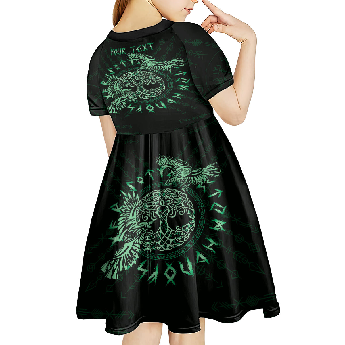 Personalized Odin's Celtic Raven Kid Short Sleeve Dress Green Scandinavian Tattoo - Wonder Print Shop