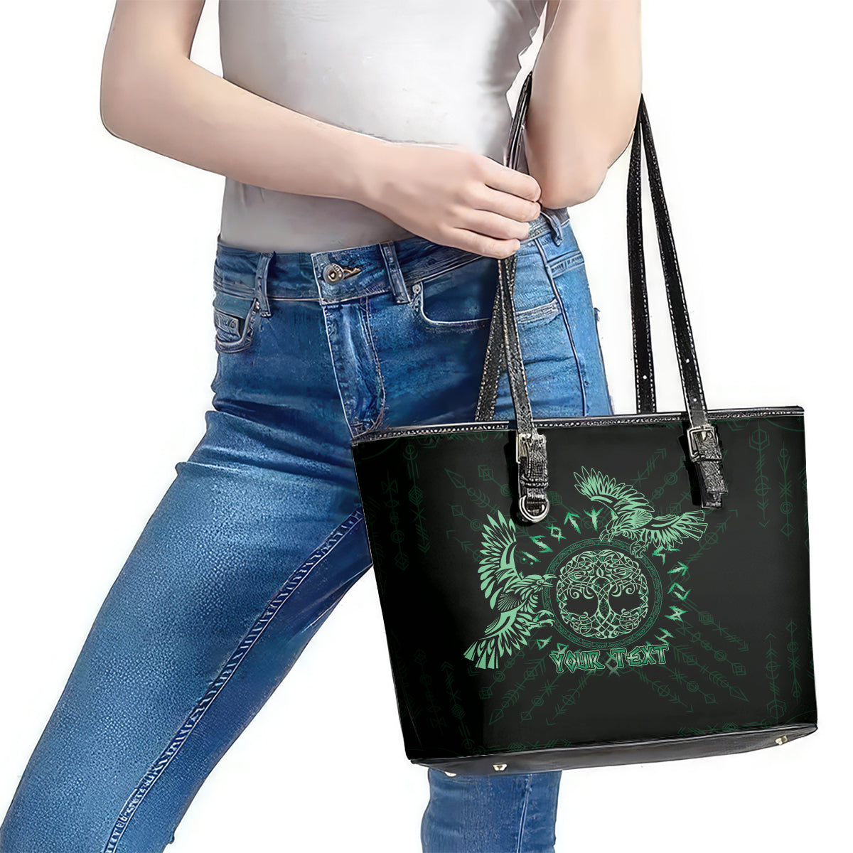 Personalized Odin's Celtic Raven Leather Tote Bag Green Scandinavian Tattoo - Wonder Print Shop