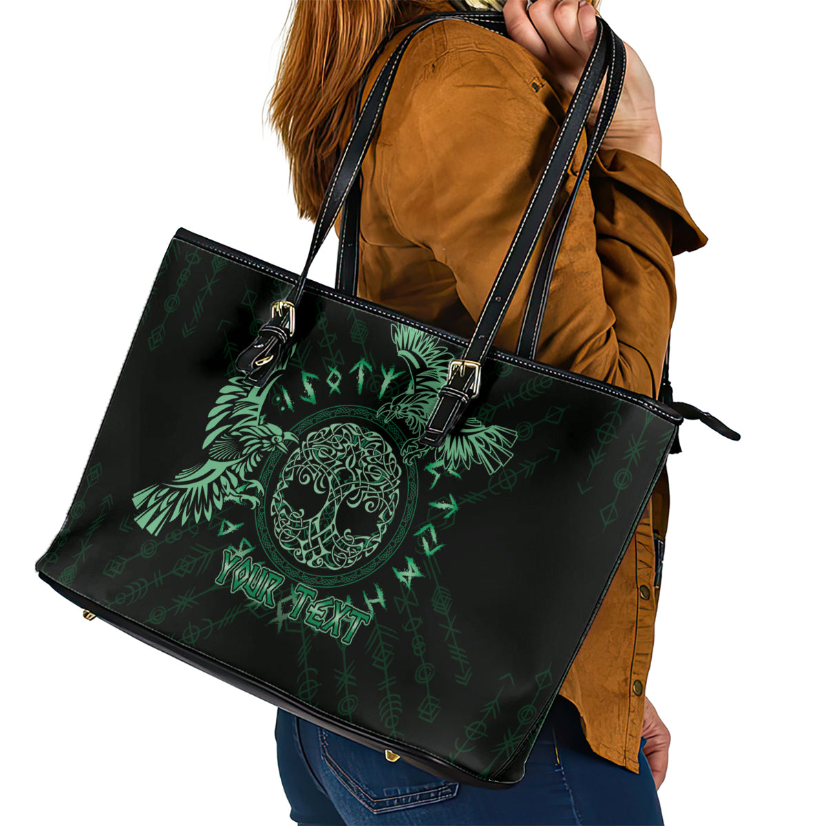Personalized Odin's Celtic Raven Leather Tote Bag Green Scandinavian Tattoo - Wonder Print Shop
