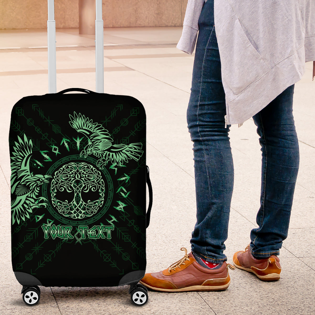 Personalized Odin's Celtic Raven Luggage Cover Green Scandinavian Tattoo