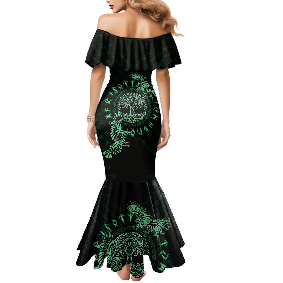 Personalized Odin's Celtic Raven Mermaid Dress Green Scandinavian Tattoo - Wonder Print Shop