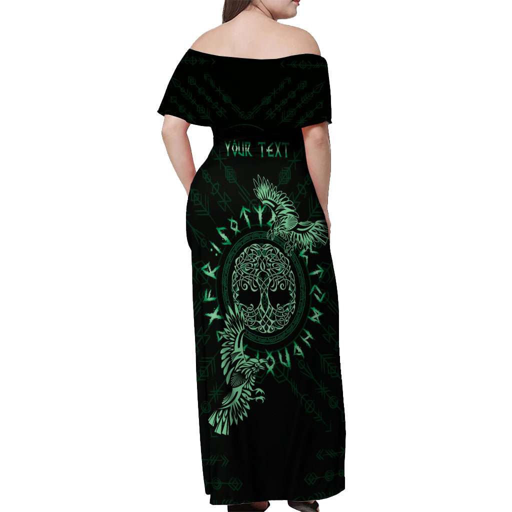 Personalized Odin's Celtic Raven Off Shoulder Maxi Dress Green Scandinavian Tattoo - Wonder Print Shop