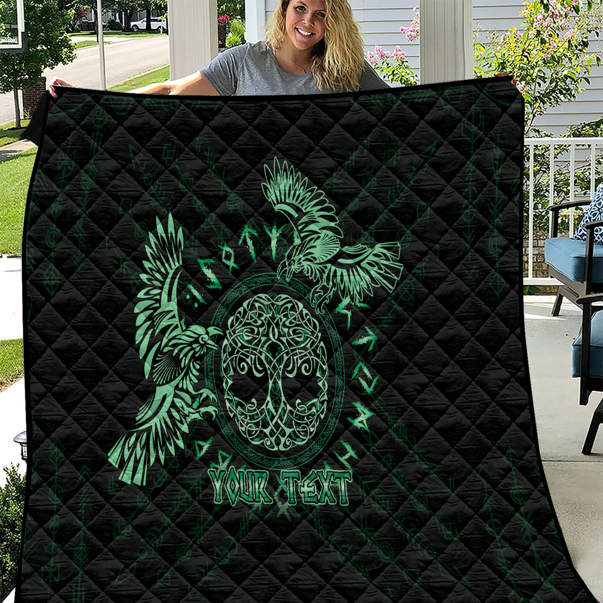 Personalized Odin's Celtic Raven Quilt Green Scandinavian Tattoo - Wonder Print Shop