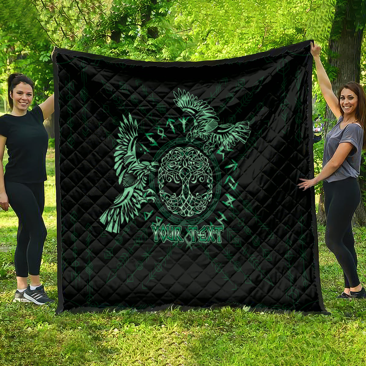 Personalized Odin's Celtic Raven Quilt Green Scandinavian Tattoo - Wonder Print Shop