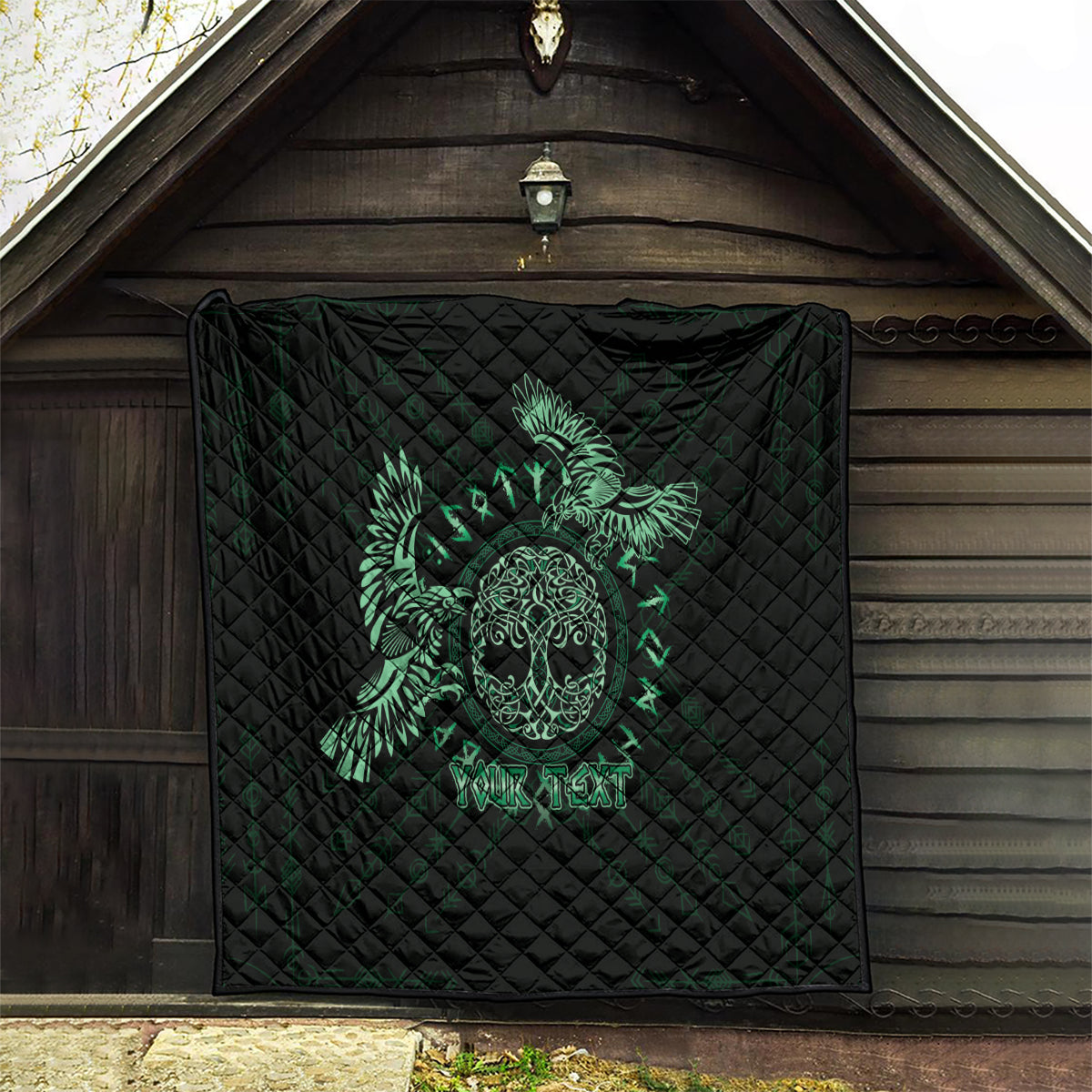 Personalized Odin's Celtic Raven Quilt Green Scandinavian Tattoo - Wonder Print Shop