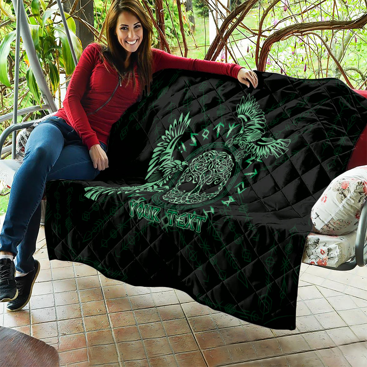 Personalized Odin's Celtic Raven Quilt Green Scandinavian Tattoo - Wonder Print Shop