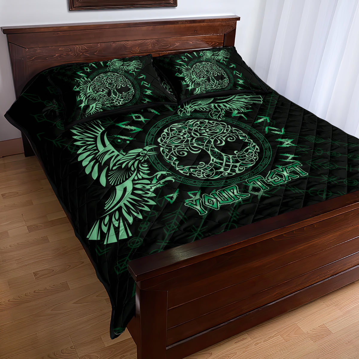 Personalized Odin's Celtic Raven Quilt Bed Set Green Scandinavian Tattoo - Wonder Print Shop